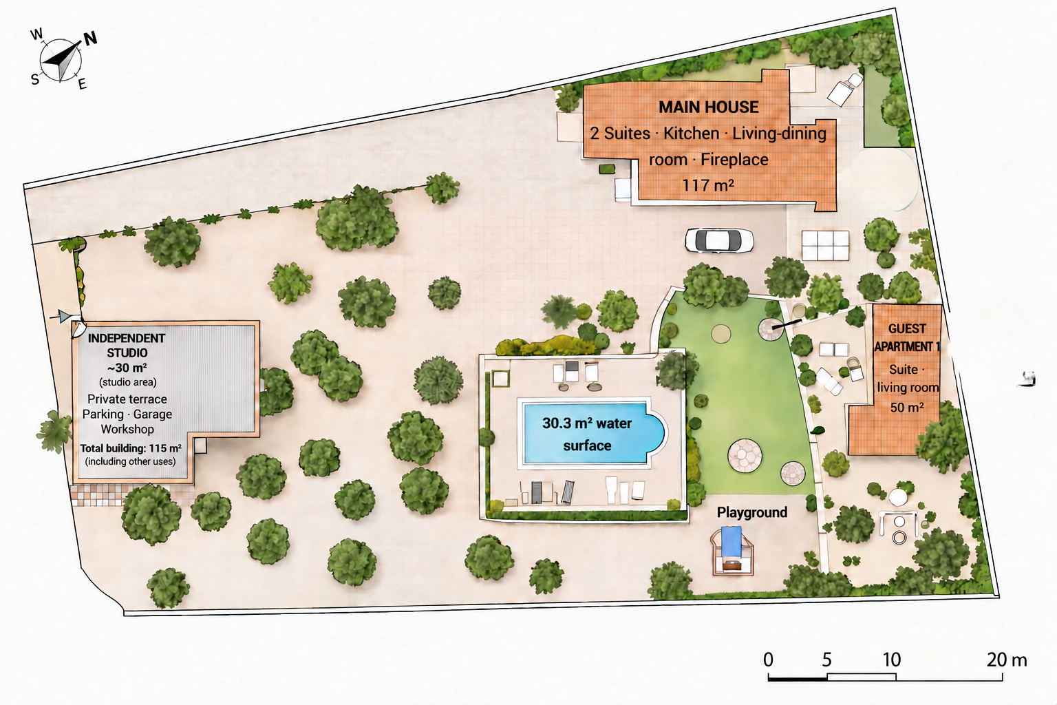 Plan der Gebäude, des Pools und der Außenbereiche